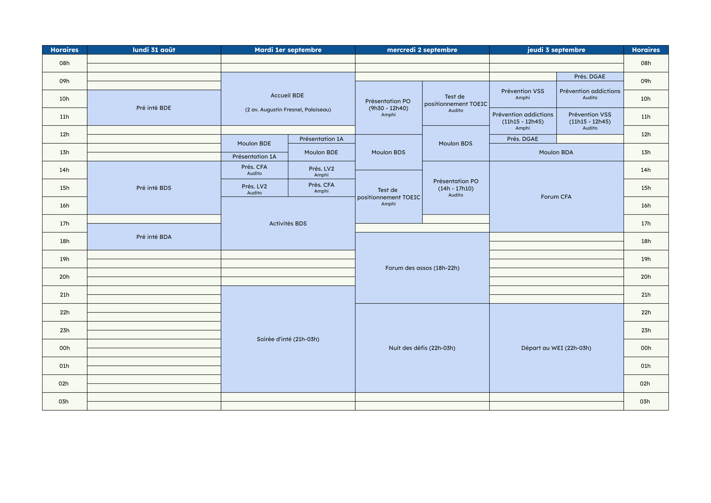 Planning de la semaine